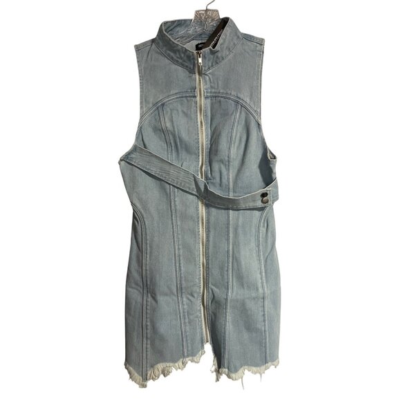 PrettyLittleThing Denim Mini Dress Womens US Size 8 Zip Through Fray Hem - Picture 1 of 7